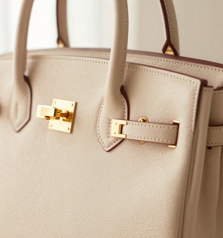 Close-up of a premium leather handbag showing detailed stitching and gold brass hardware, warm natural light, soft shadows, 35mm