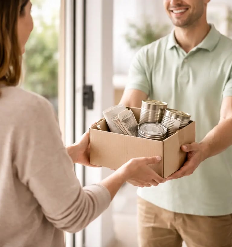 Persona consegna una piccola scatola con materiali riciclabili come carta e lattine