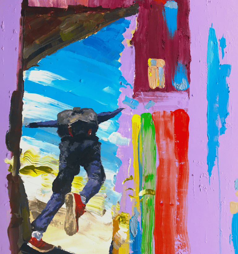 a painting of a parachuter jumping from the plane.