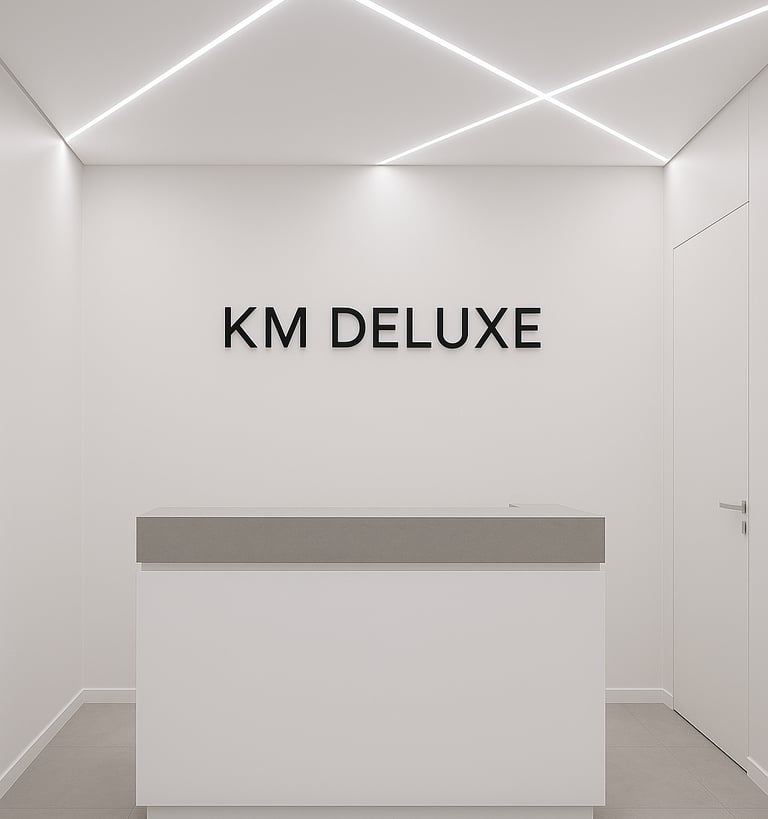 Recepción minimalista del salón de belleza KM Deluxe con techos tensados blancos brillantes y líneas LED frías entrecruzadas