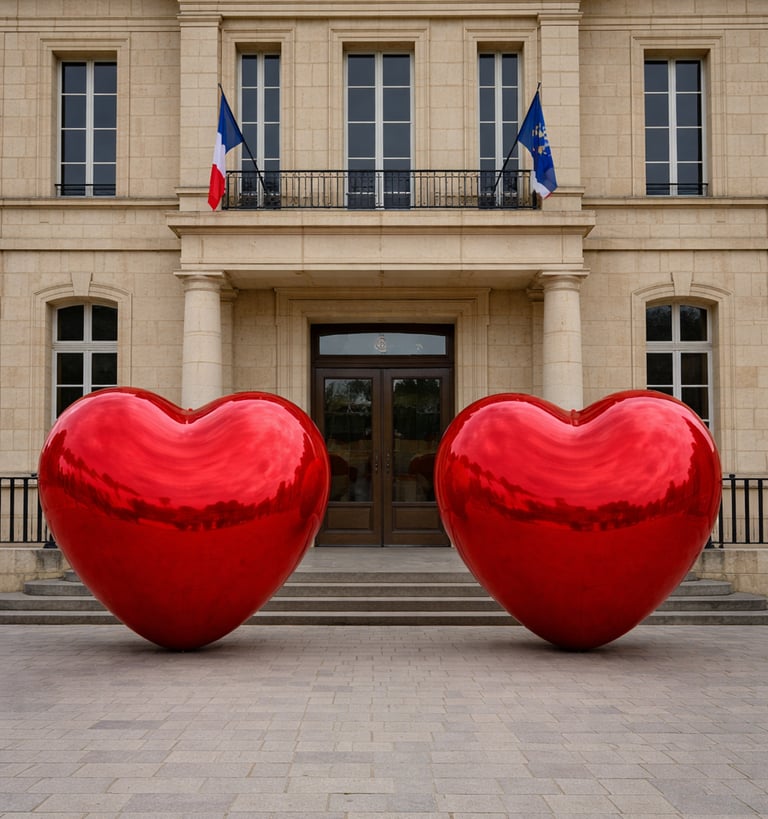 Sphère en forme de coeur devant une mairie