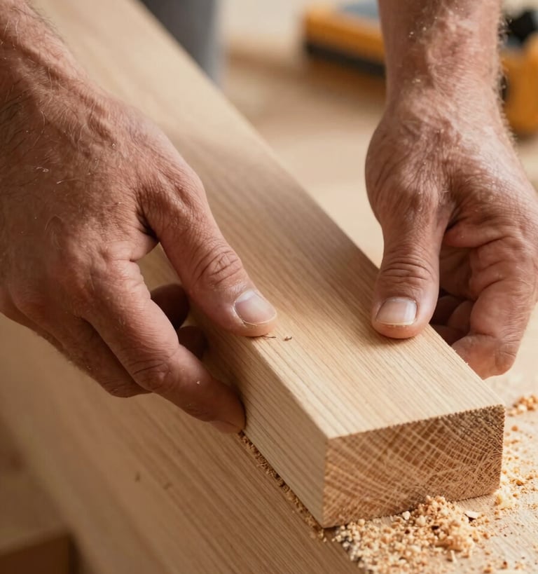 Extreme close-up of craftsman hands fitting a stair tread on-site, natural sidelight catching the wood grain and saw-cut edge, sawdust visible on the raw lumber surface, no faces
