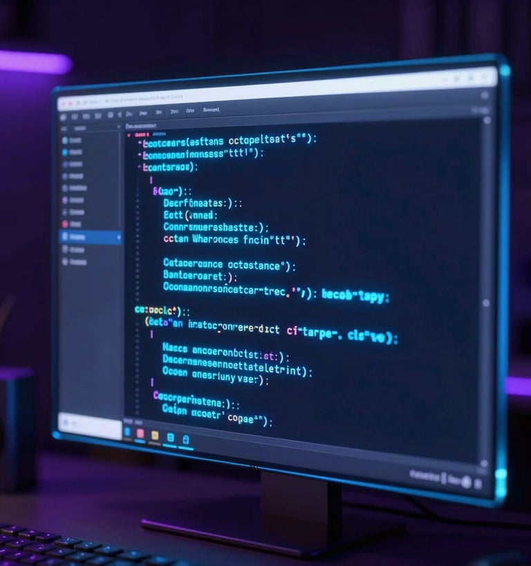 Close-up of a high-end developer workspace showing a glassmorphic terminal interface with glowing neon blue code lines, dark-room ambient lighting, octane render
