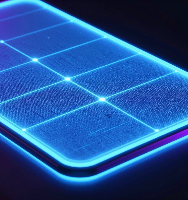 Macro close-up of a high-performance digital user interface texture, glowing neon blue screen glow, dark-room ambient lighting, octane render