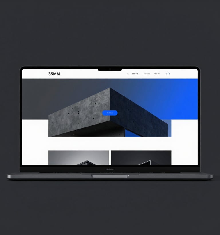 Sleek tech photography of a minimalist architecture website mockup, cool studio lighting, deep charcoal tones, sharp focus, 35mm