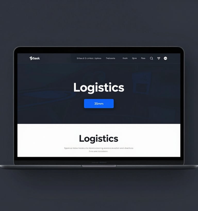 Sleek tech photography of a logistics website mockup inside a minimal browser frame, cool studio lighting, deep charcoal tones, sharp focus, 35mm