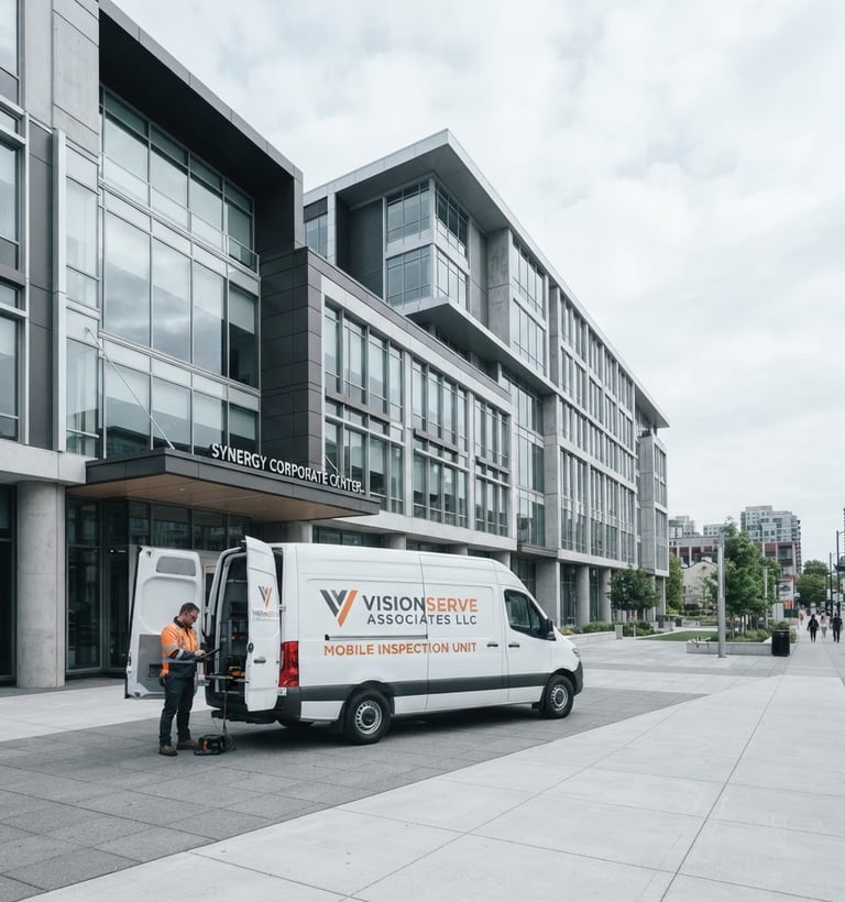 Wide shot of a modern commercial building facade, crisp architectural lines, bright overcast daylight, a VisionServe Associates LLC branded mobile inspection unit parked in front, technician in high-visibility gear visible near the vehicle, cool desaturated tones with orange accents, sharp focus, 35mm