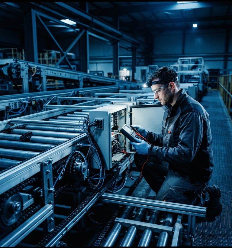 Technician performing diagnostics on a complex conveyor belt system, high-contrast industrial lighting, cool blue tones, sharp metallic details, 35mm