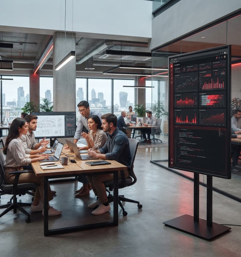 Wide panoramic shot of a modern tech office, cool daylight, subtle red ambient highlights. To the right, a high-resolution device mockup displaying an analytics dashboard with red accent lines and a clean code snippet. To the left, professionals collaborating in a structured, focused manner. Sharp focus, premium tech office, 50mm.