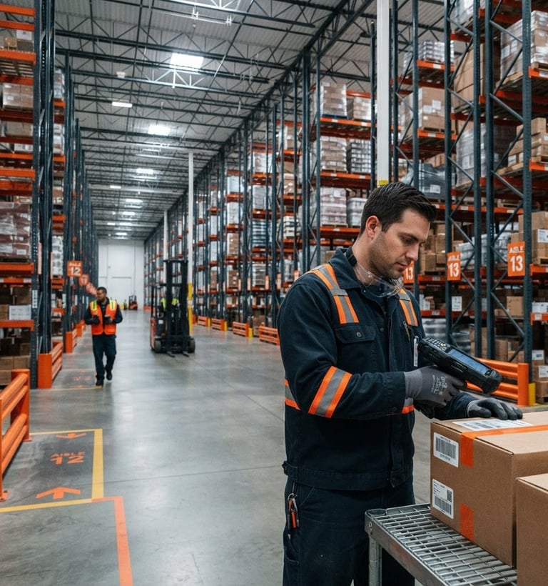 Wide-angle industrial photograph of a modern, organized warehouse floor, with a worker holding a rugged barcode scanner in the right foreground, cool crisp warehouse lighting, deep slate and safety orange tones, sharp focus, 35mm.