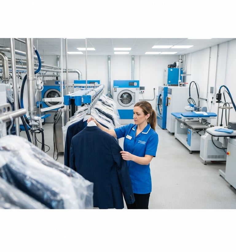 Professional dry cleaning facility interior, bright, modern machines, clean white and blue tones, crisp studio light, sharp focus, 35mm lens, a staff member in uniform inspecting a garment, wide shot