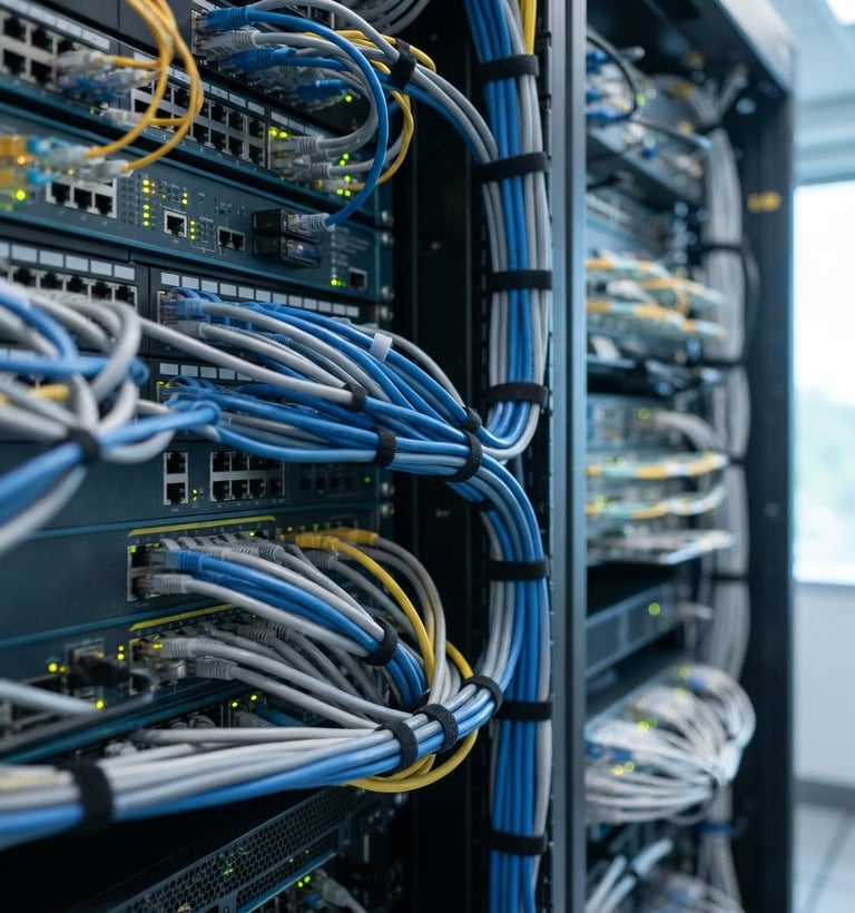 Close-up of neatly organized network cables in a server rack, cool-toned indoor lighting, sharp focus, 35mm lens.