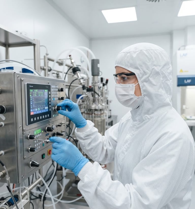 Close-up of a calibration engineer in a sterile white cleanroom adjusting a high-precision bioreactor control panel, bright clinical light, sharp focus