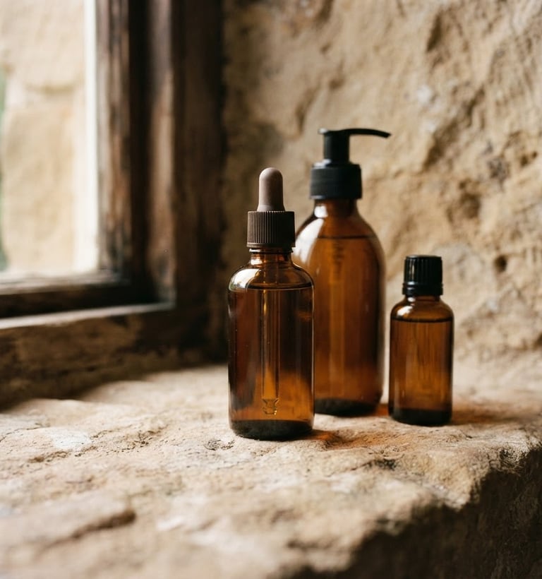 Macro close-up of amber glass refillable bottles on a raw stone ledge, soft morning window light, warm sand tones, architectural 35mm