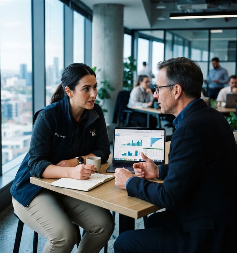 Professional dog walker in a modern office setting, discussing strategy with a mentor, laptop open with charts, cinematic high-contrast natural light, deep blacks, cool blue undertones, sharp focus, 35mm