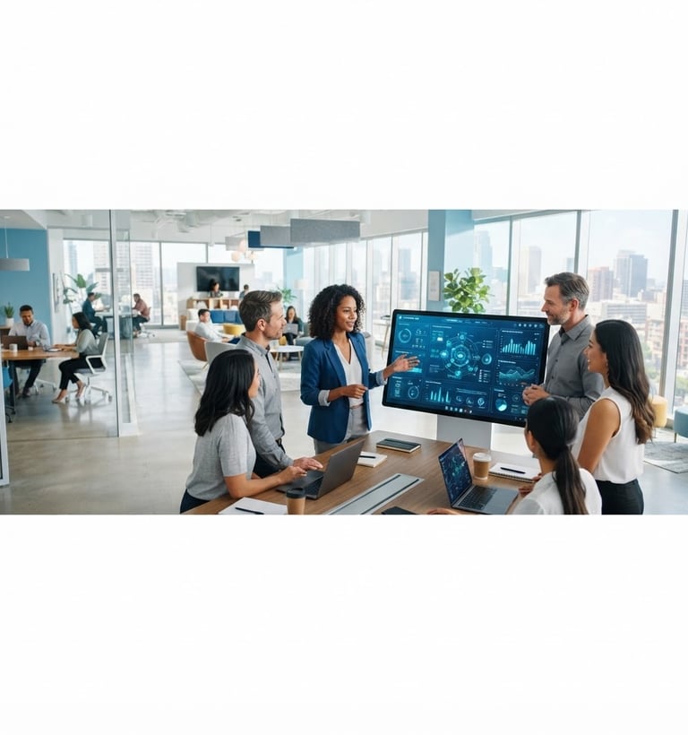 Wide panoramic shot of a sleek, modern office interior with diverse team members collaborating around interactive screens, bright natural daylight, clean white and sky blue tones, shallow depth of field, 50mm lens, architectural framing. A prominent digital dashboard is visible on a large screen.