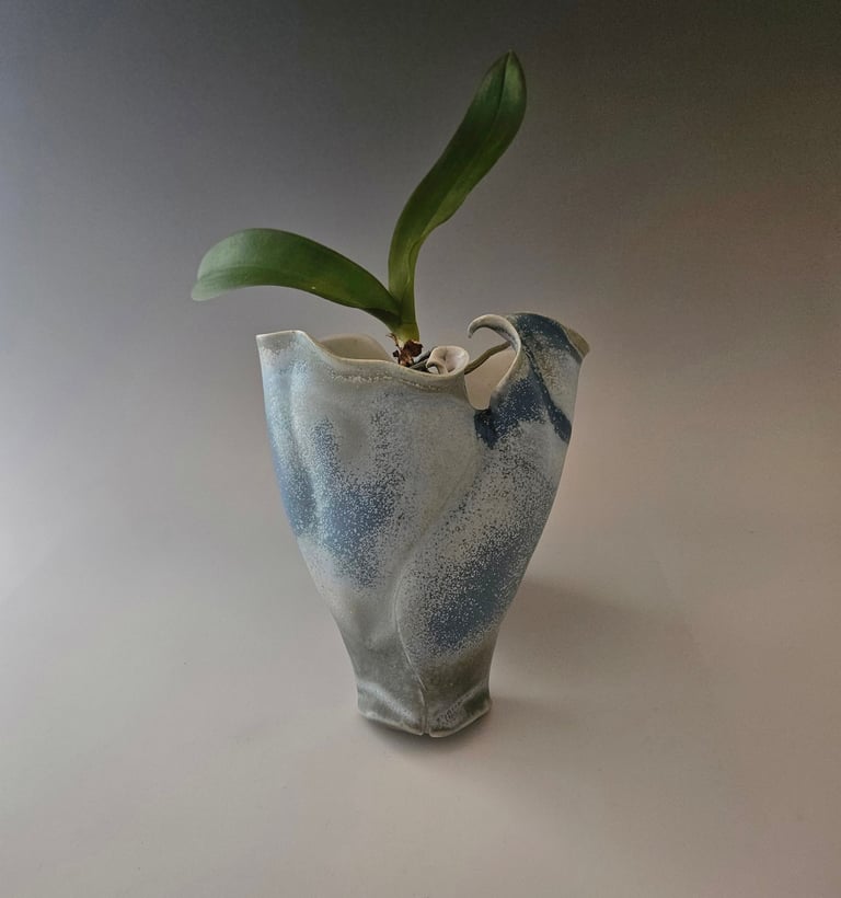 Wall Sconce/Vase: blue & white micro crystalline glaze, w/removable shelf for plants or candles