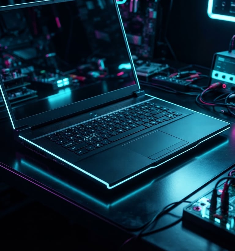 Pristine, sleek black gaming laptop on a clean, neon-lit diagnostic workbench, electric blue and cyan rim lighting, macro lens, high contrast, 35mm