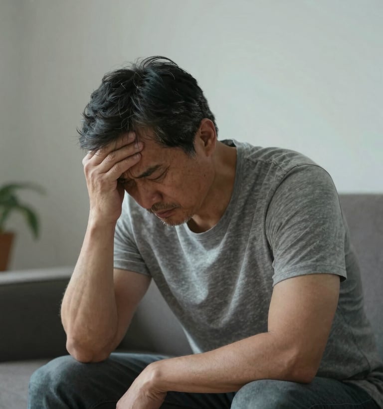Stressed middle-aged man sitting on a sofa holding his head, depicting symptoms of mental exhaustion.