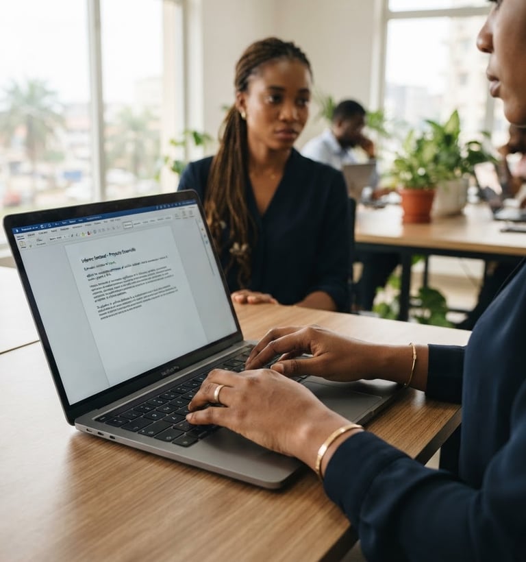 Close-up of hands typing on a laptop keyboard, screen showing a clean document interface with Spanish text, focused, confident individual in an office setting with natural window light. Equatorial Guinean professional.