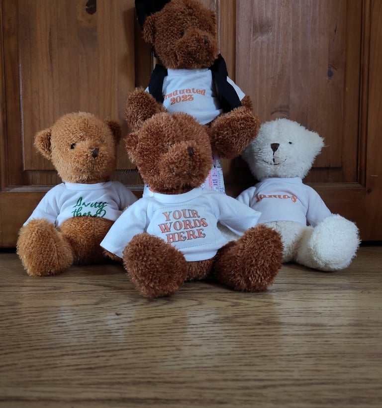 a group of teddy bears sitting on a wooden floor