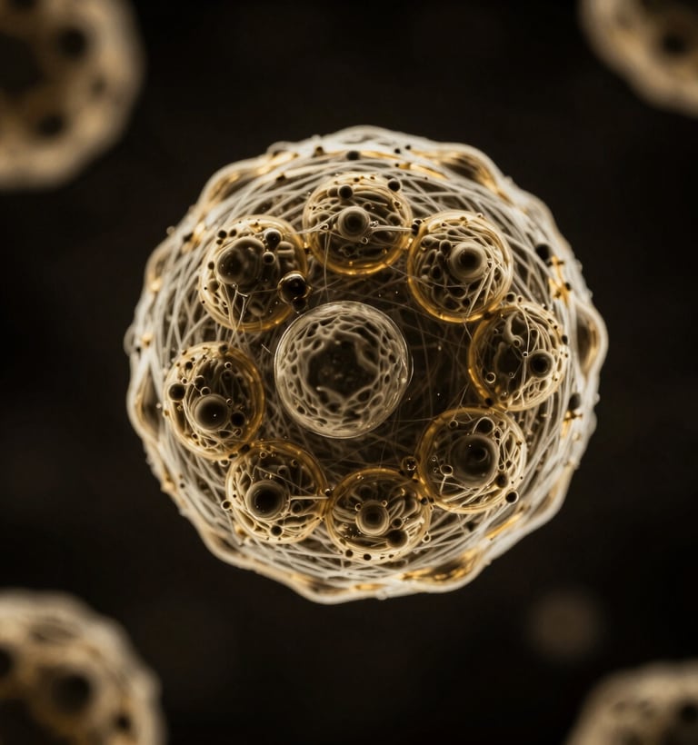 Macro photography of microscopic extracellular vesicles, high-contrast low-key lighting, deep black and metallic gold tones, sharp scientific detail, 85mm