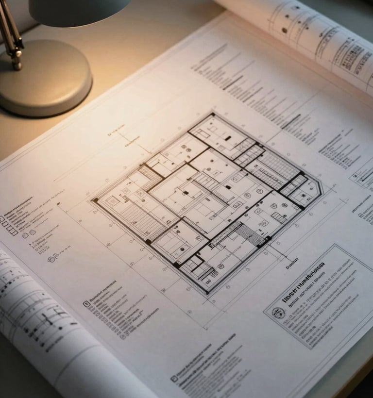 Close-up overhead flat-lay of large-format technical site plans and engineering blueprints spread across a drafting desk, a desk lamp casting cool directional light from the left, a stamped municipal permit visible at the lower right corner, sharp detail on dimension lines and annotation text, muted institutional environment