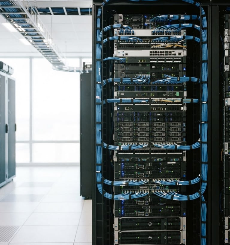 sharp, straight-on shot of an immaculate server rack with organized cable management, industrial blues and grays, bright clean daylight, 35mm, server rack filling right half of frame, wide aspect