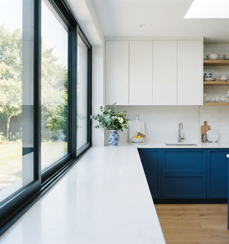 Sharp architectural interior, sunlit, clean lines, dust-free window tracks, a pristine countertop, blue and white tones, 35mm lens