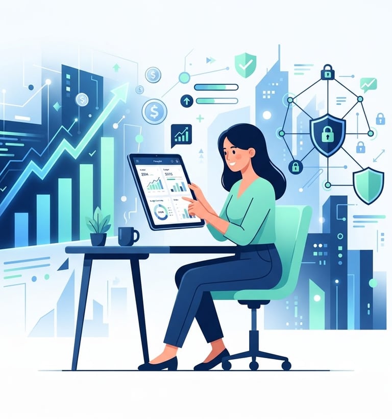 Clean 2D vector illustration of a person managing personal finances on a tablet, with growth charts and secure digital connections in the background, corporate blue and mint accents.