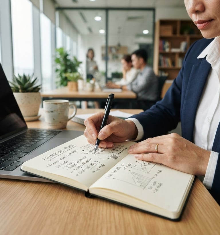 Professional photo of a Vietnamese office worker's hands writing financial plans in a notebook on a modern desk, soft natural daylight, corporate navy and clean white tones, shallow depth of field, 35mm lens