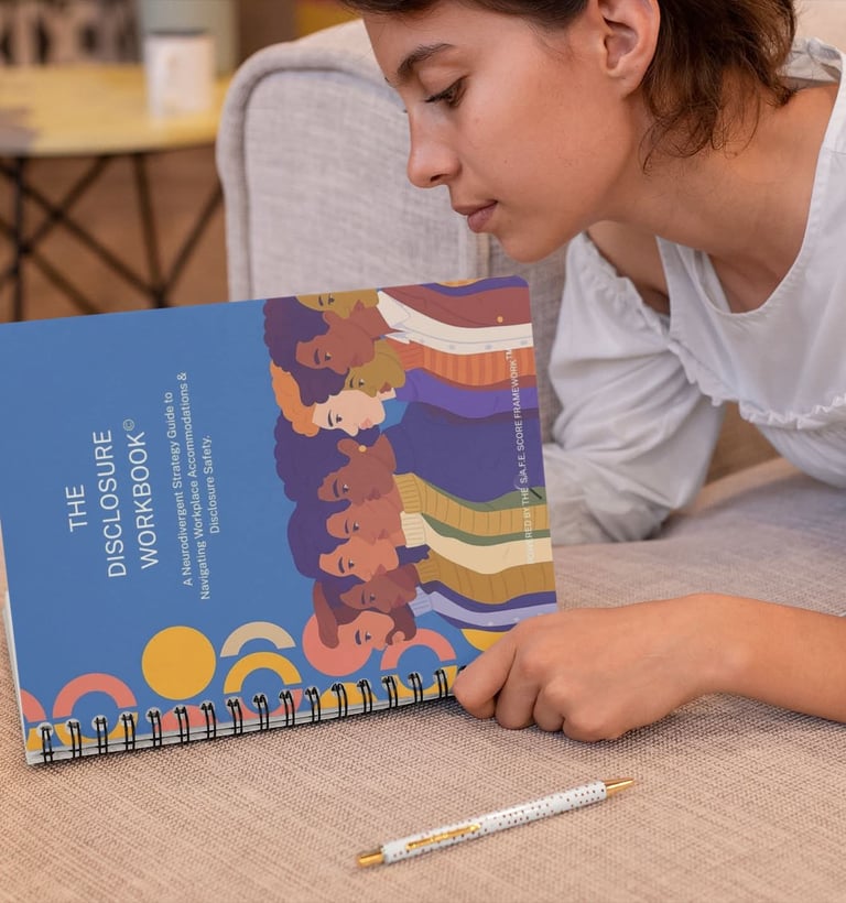 A woman reads The Disclosure Workbook, a neurodivergent strategy guide for workplace accommodations.