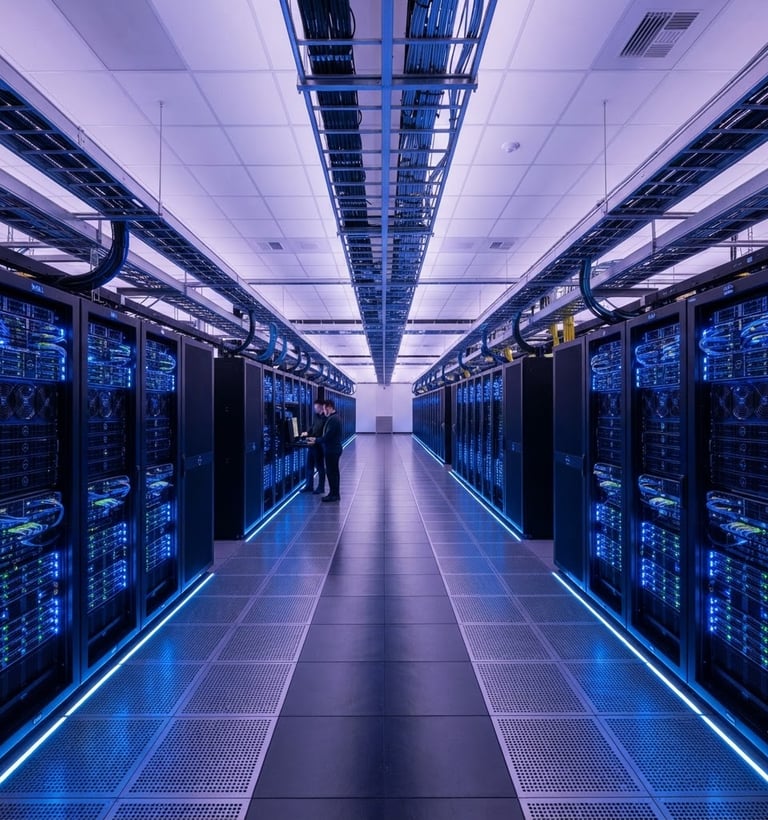 Wide architectural perspective of a data center, sleek server racks glowing with electronic blue light, subtle lavender ambient backlighting, sharp geometric composition.