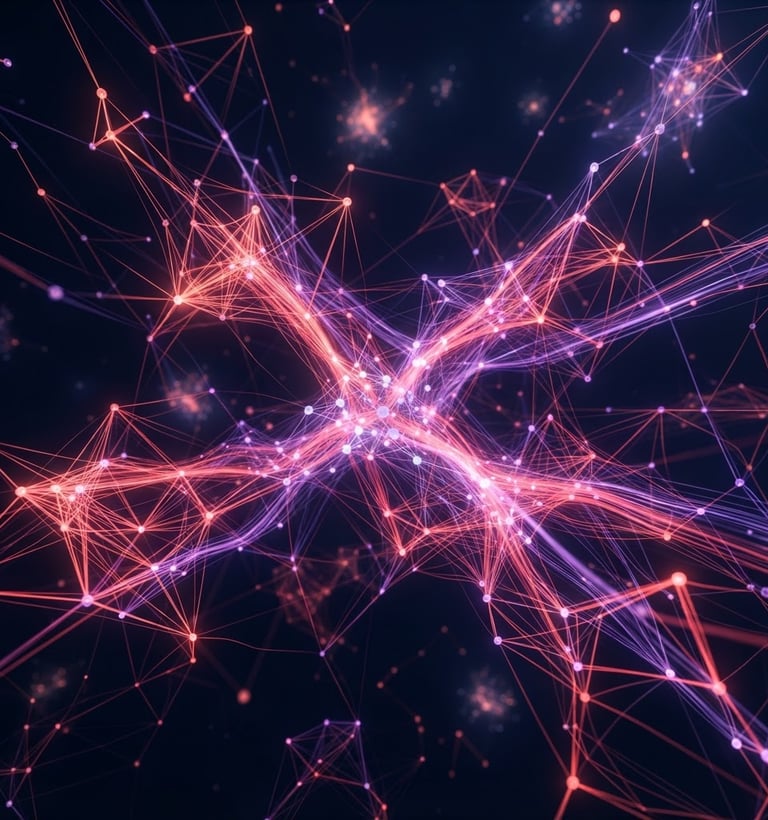 Sleek 3D render of interconnected glowing network nodes, dark-field illumination, vibrant coral and violet neon edge glows, deep midnight navy background, wide panoramic frame, abstract data flow visualization.