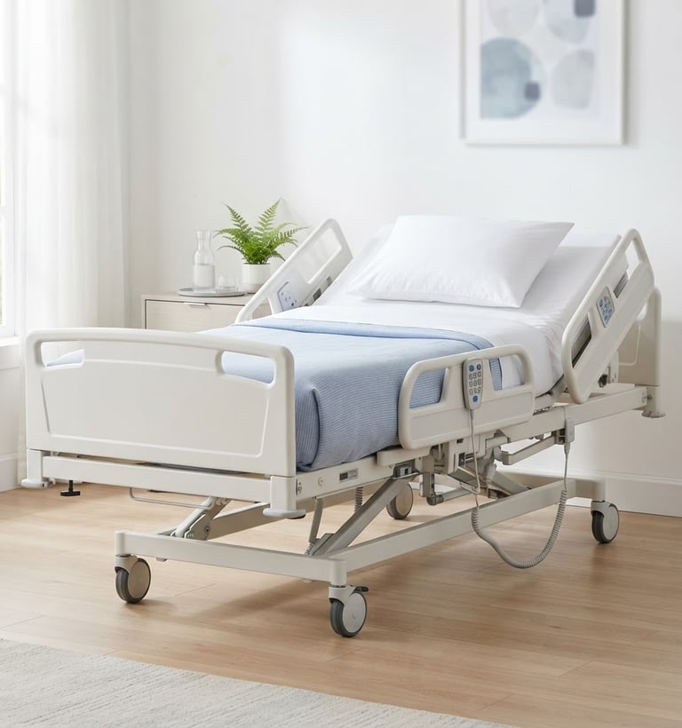 High-resolution, clean product photography of a premium electric hospital bed in a modern home setting, bright high-key studio light, sterile white and soft blue tones, sharp focus, 35mm
