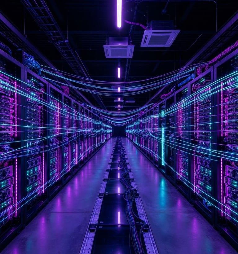 Wide shot of a modern, dark server room with neon purple and cyan glowing racks, data streams visualized as abstract light, sharp focus.