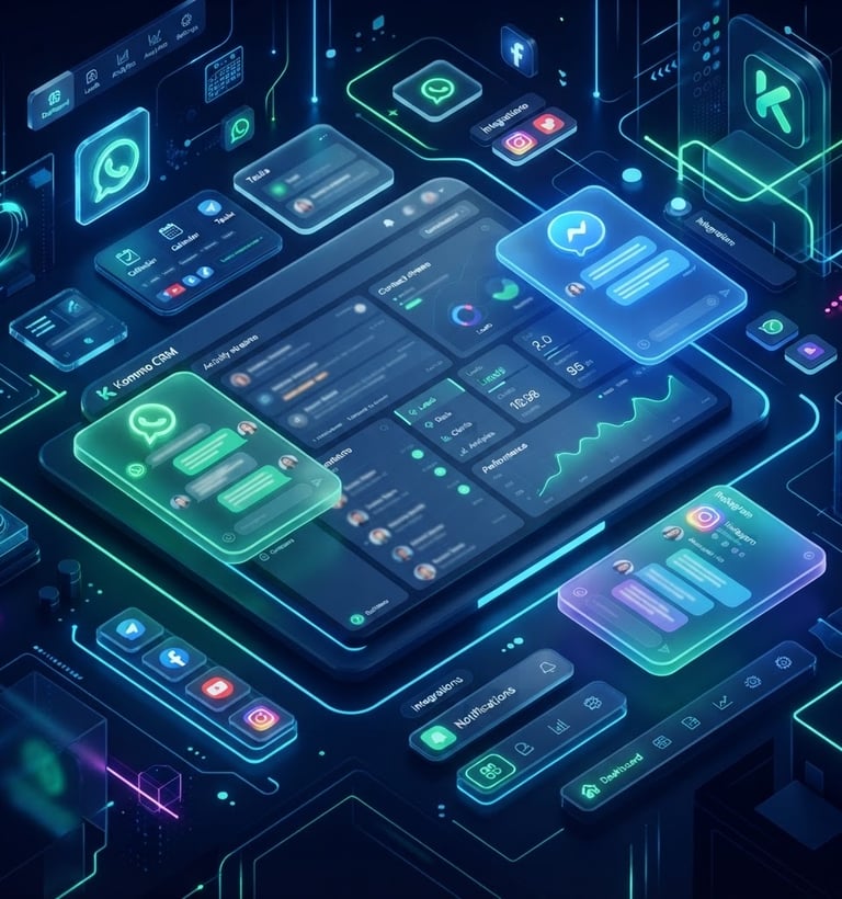Visão isométrica de uma interface Kommo CRM com ícones de WhatsApp, Instagram e Facebook Messenger integrados, em um fundo azul-marinho profundo com luzes neon azul e verde, estilo glassmorphism.