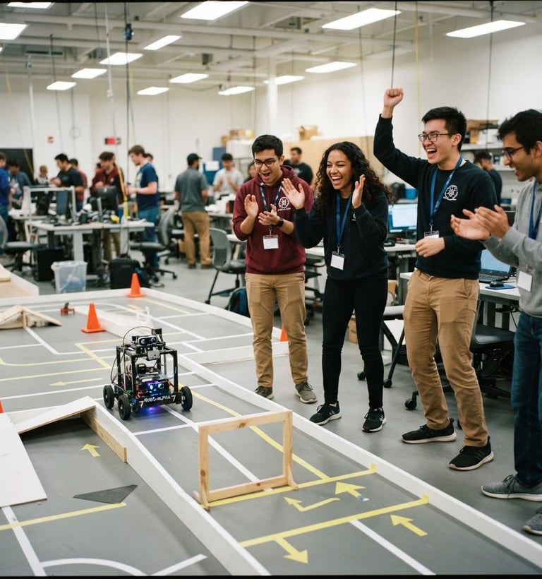 Dynamic action shot of a student team cheering as their autonomous robot navigates an obstacle course on a competition track, bright laboratory lighting, 35mm