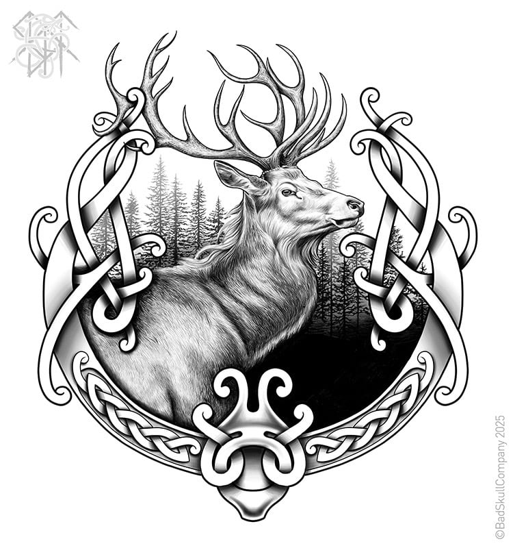 a deer with a celtic knot in the middle of it