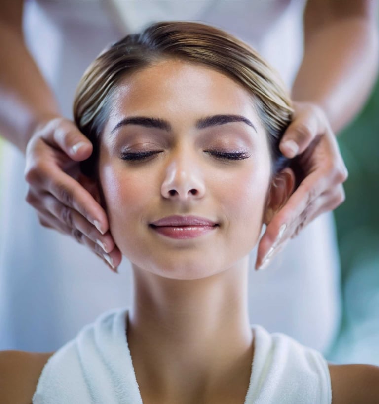 a woman getting head message done by a hairdresser