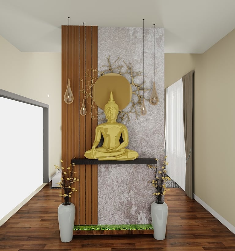 Modern home entryway featuring a golden Buddha statue on a marble and wood accent wall.