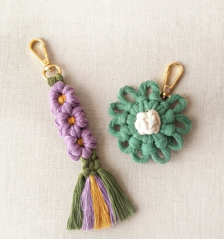 Llaveros de macramé en forma de flores con cordon de colores morado, amarillo y verde