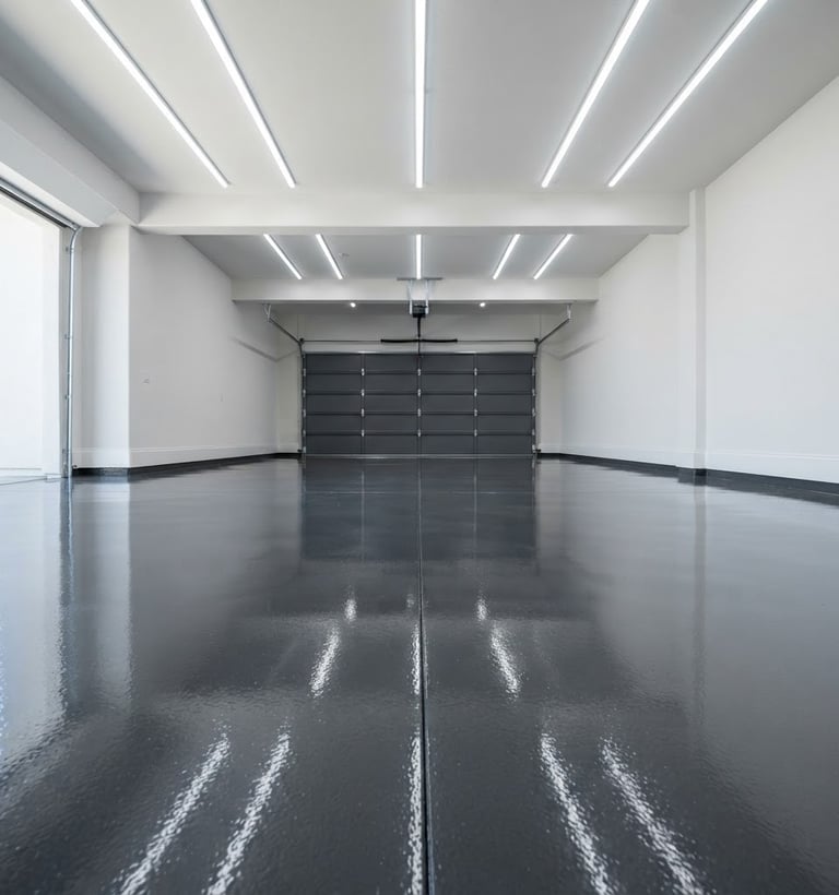 High-gloss finished epoxy garage floor, dark grey, with perfect reflections of overhead lights, clean and empty, architectural photography style, bright high-key daylight, wide-angle low perspective, high contrast cool tones, pristine condition, no people.
