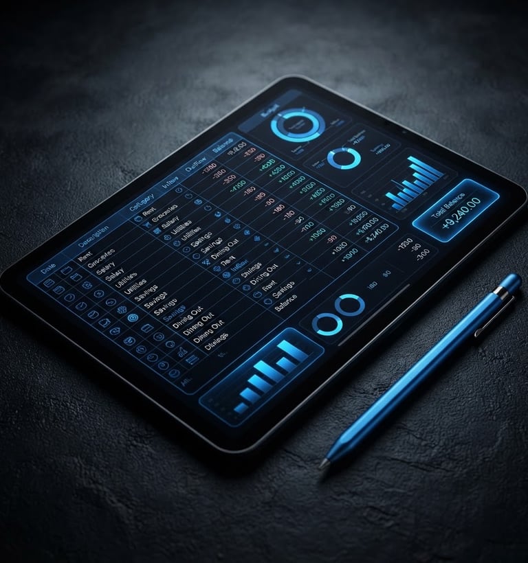 Angled macro shot of a sleek tablet displaying a dark-mode budget planner grid with electric blue highlights, stylus pen resting beside it, moody low-key studio lighting, sharp focus on screen details, obsidian background.