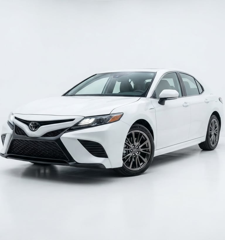 Crisp automotive product photography of a new white Toyota Camry, front three-quarter view, high-key studio light, clean white background, sharp focus, 35mm