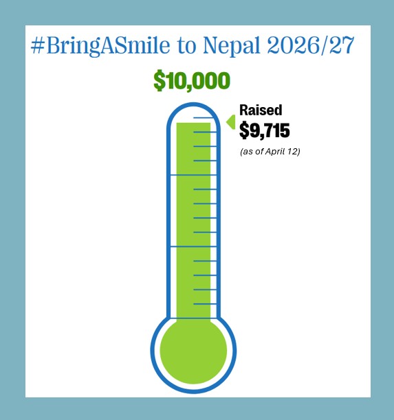 A fundraising thermometer showing $9,715 raised toward a $10,000 goal for BringASmile to Nepal 2026/27.