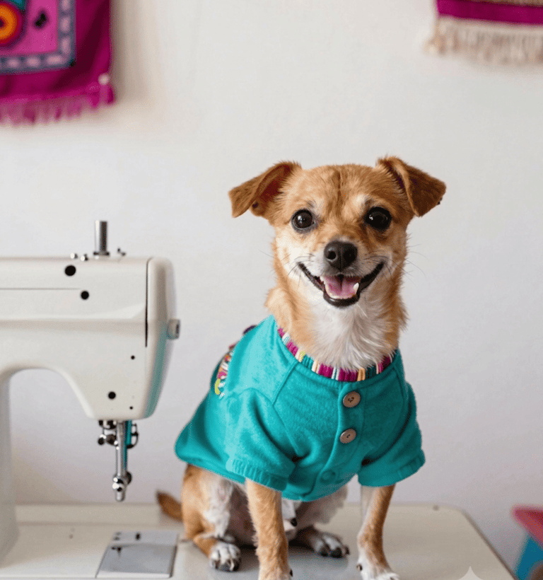 Un perrito marrón con un suéter color turquesa sentado junto a una máquina de coser blanca.