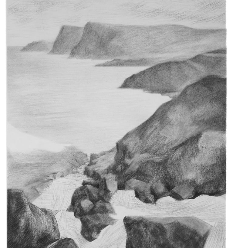 a drawing of a rocky beach with rocks and water