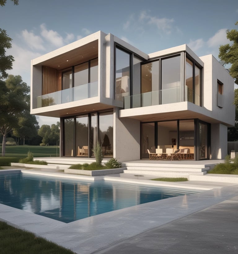 Architectural design with curved, overlapping structures set against a clear, blue sky. The building features a combination of smooth and textured surfaces, with distinct shadows cast by the sun.
