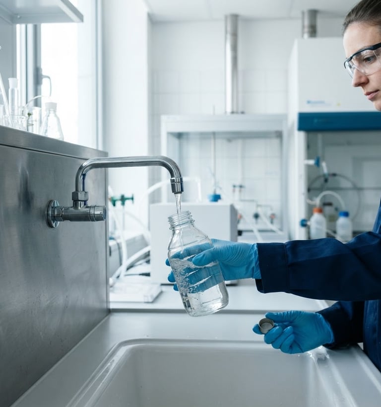 Close-up of a technician collecting a water sample in a sterile bottle from a tap, with a clean lab-like backdrop, bright natural daylight, high-contrast cool tones, 35mm lens.